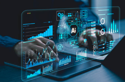 Abstract digital interface displaying lines of code and data visualization for an enterprise AI strategy.